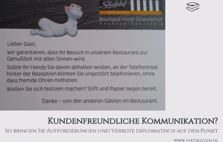 Foto Tischkarte Hotel Schieferhof Neuhaus: Kundenfreundlicher Hinweis auf unerwünschte Handytelefonate im Restaurant. Kundenfreundliche Kommunikation mittels Angeboten und Service.