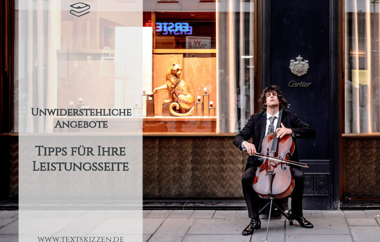 Tipps für Ihre Leistungsseite: Motiv Cellist vor einem Cartier-Schaufenster