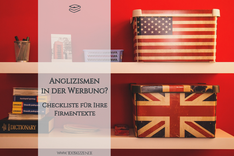 Anglizismen in der Werbung: Regale mit Büchern und Aufbewahrungsboxen mit britischer und US-Flagge