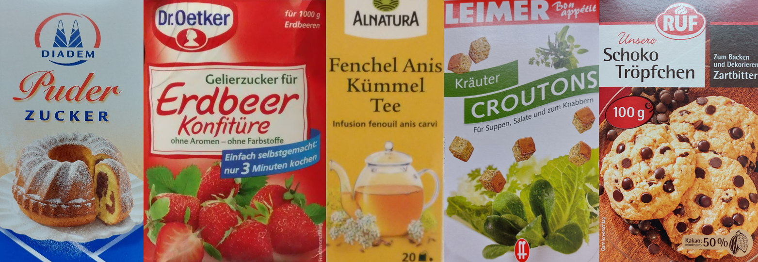 Bindestriche setzen: Produkte aus dem Supermarkt, die falsche Leerzeichen, sogenannte Deppenleerzeichen, enthalten.