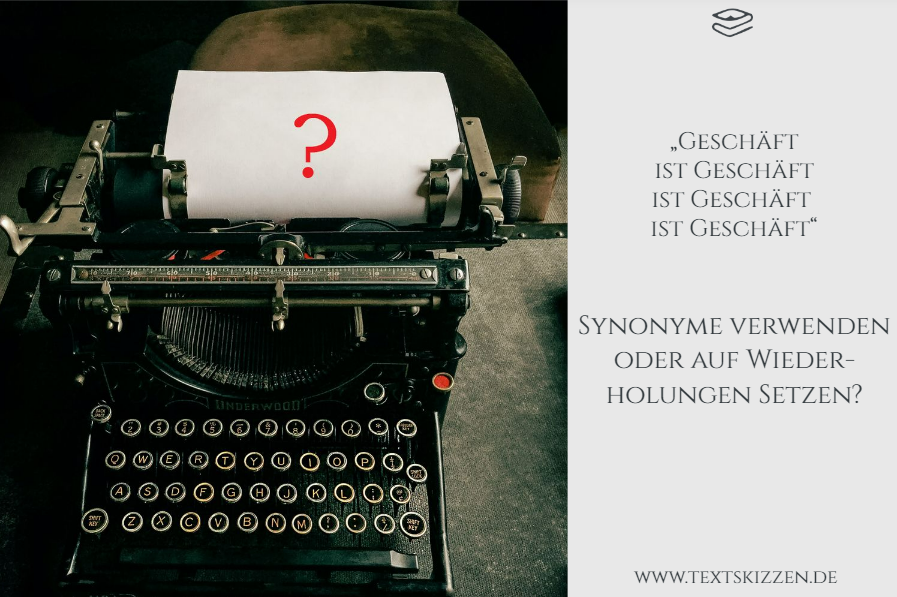 Synonyme verwenden: historische Schreibmaschine mit eingespanntem Blatt, darauf ein rotes Fragezeichen