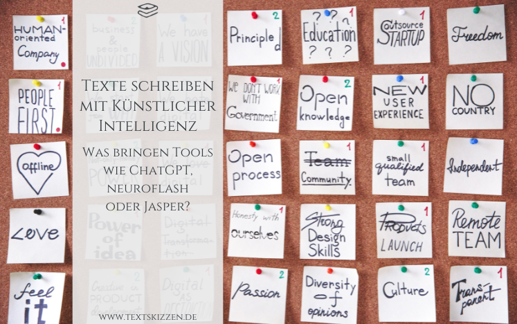 Künstliche Intelligenz und Texte schreiben: 35 quadratische Notizzettel mit kurzen englischen Notizen wie "People first", "Culture" oder "Freedom".